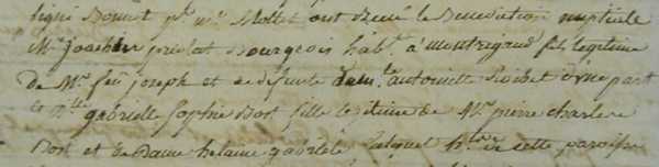 ...ai donn la bndiction nuptiale  Joachim Periolat bourgeois habt  Montrigaud fils legitime de Sr feu Joseph et de defunte demle Antoinette Roibet d'une part et Mle Gabrielle Sophie Bosc fille legitime de Sr Pierre Charles Bosc et de Dame Helaine Gabriele Falquet habte de cette paroisse...